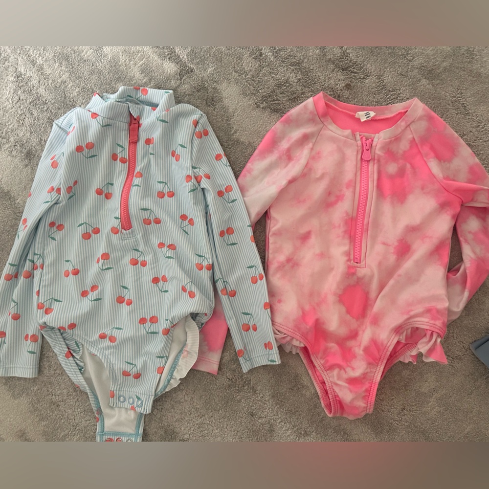 Cherry Print and Tie-Dye Kids One Piece Swim Set Zip size 3
